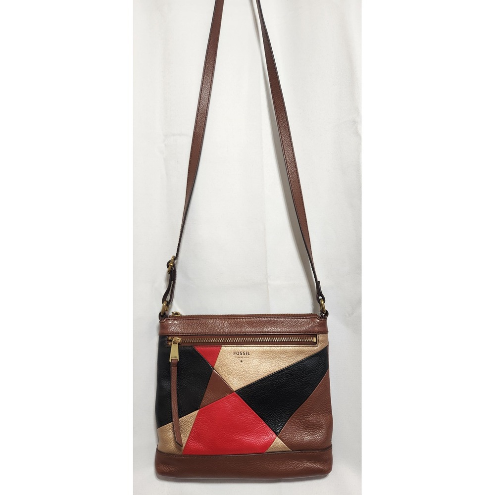 Fossil Fiona Crossbody Leather Patchwork Bag Brown Red Black Gold